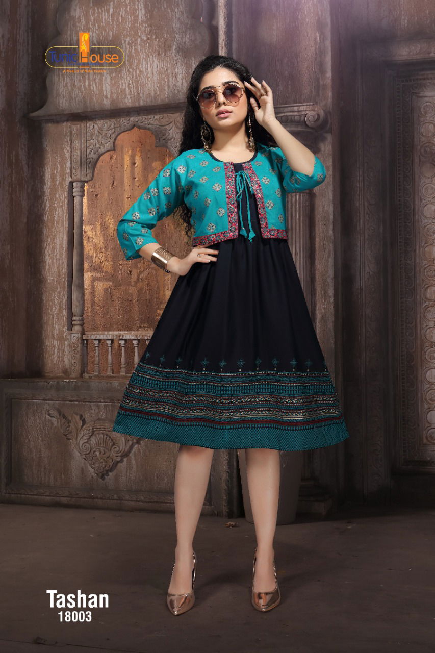 Tunic House Tashan Regular Wear Rayon Printed Anarkali Kurti With Jacket Collection